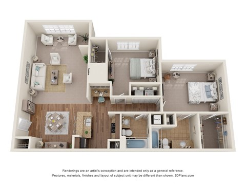 3D Floor Plan of a 2-bedroom apartment with 2 bathrooms at 10x Audubon Apartments in Daphne, AL